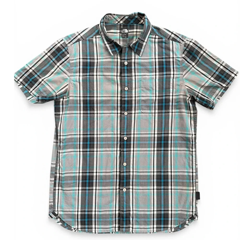 The North Face Button Down Shirt‎ Mens Medium Grey Teal Good Plaid Short Sleeve